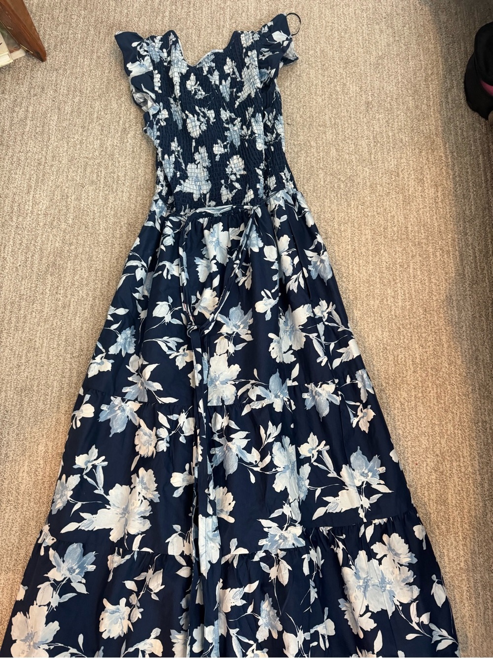 Smocked Navy Floral Midi Dress with Ruffle Straps